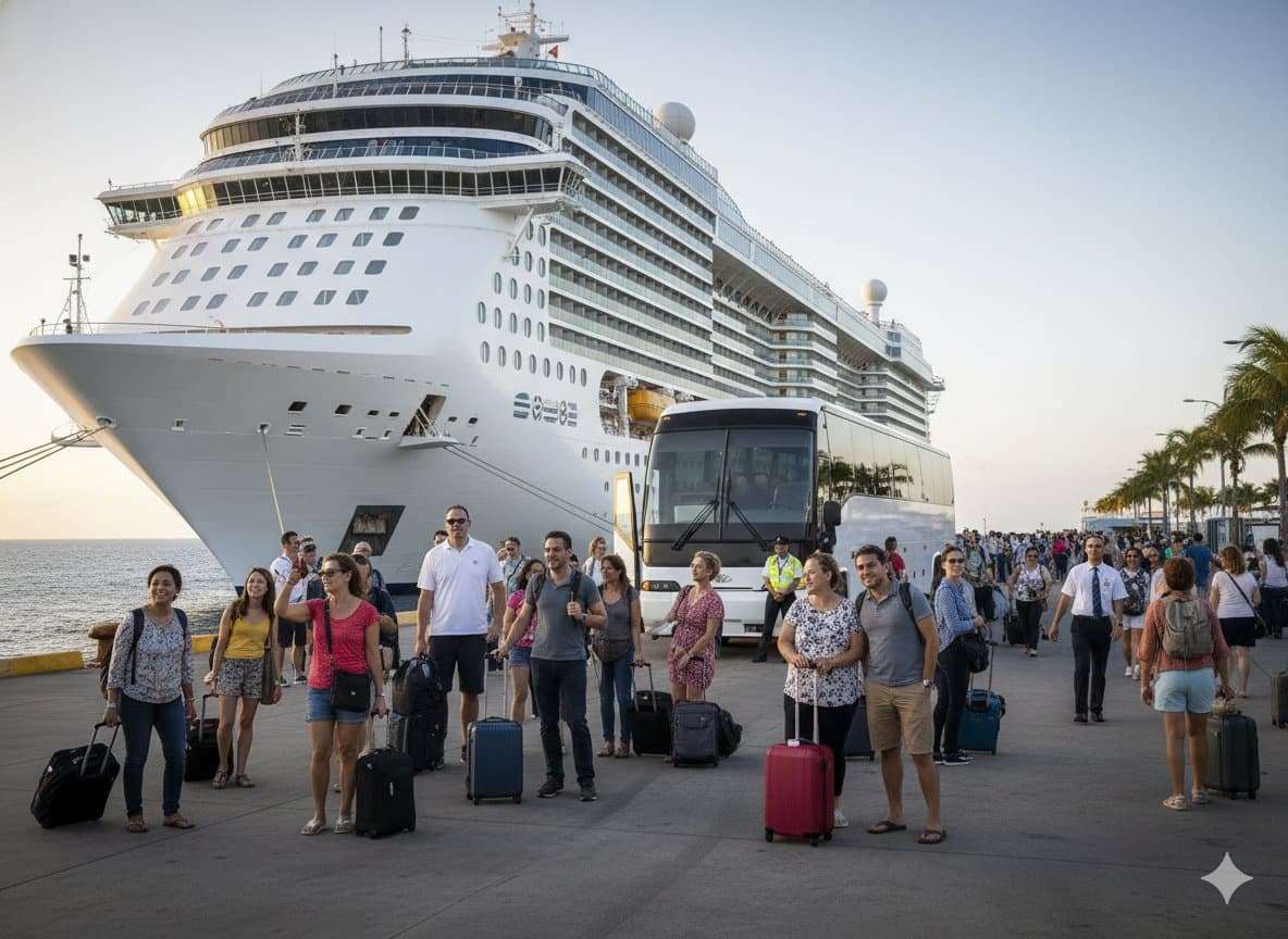 Charter bus at cruise port with passengers