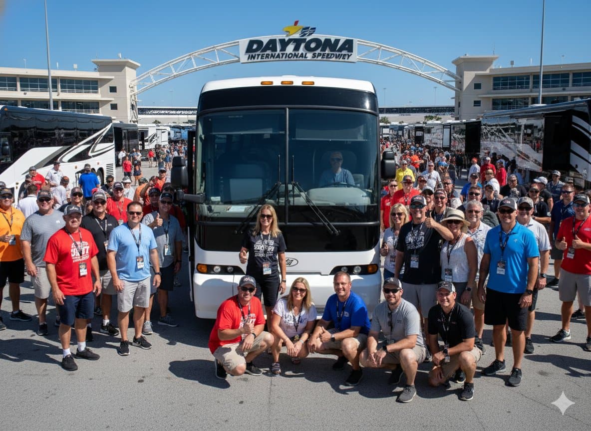 Group at Daytona International Speedway with charter bus