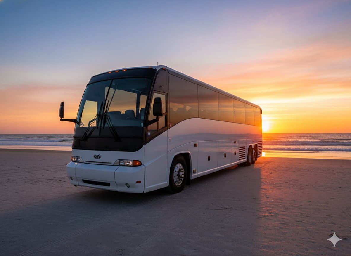 Charter bus on Daytona Beach at sunset